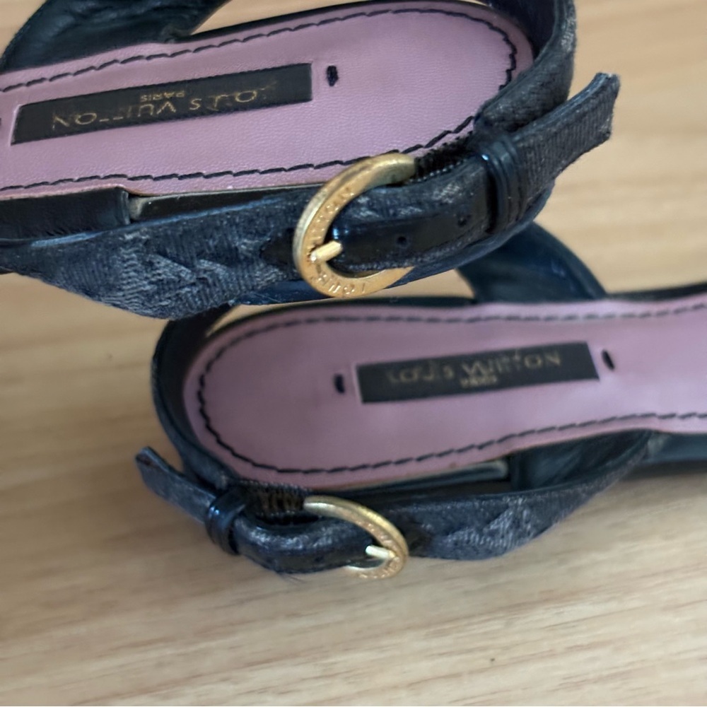 LOUIS VUITTON sz 7 37 Black Denim Bow Flats Sandals - Picture 5 of 14